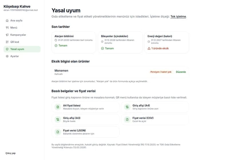 Panel: yasal uyum ekranı